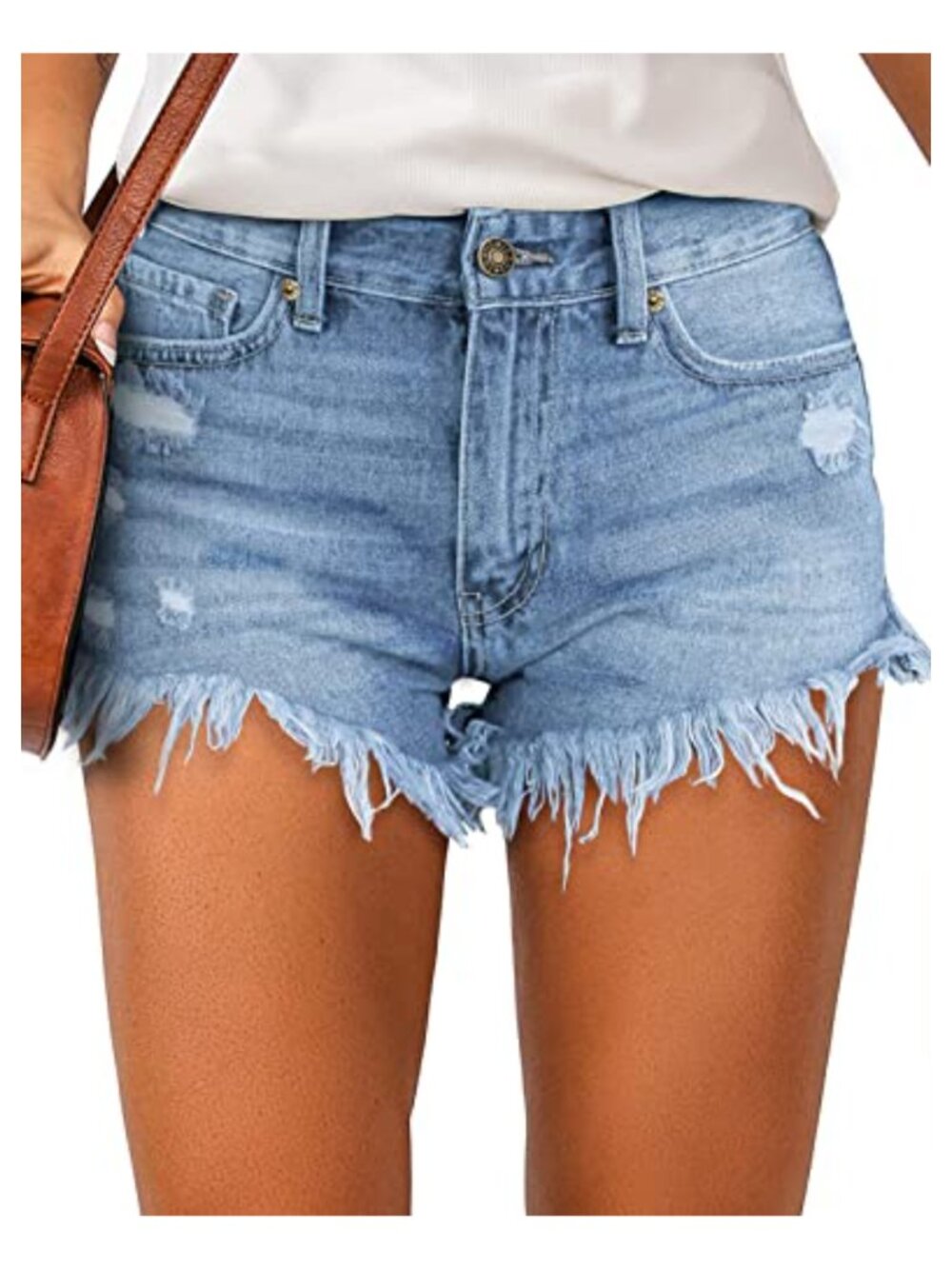 High Waisted Ripped Denim Shorts Frayed Raw Hem Stretch Cotton Blend